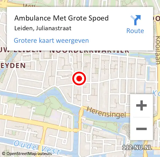 Locatie op kaart van de 112 melding: Ambulance Met Grote Spoed Naar Leiden, Julianastraat op 4 april 2024 16:28