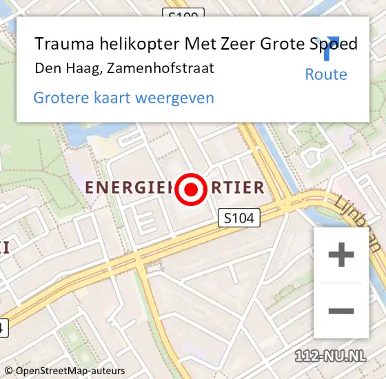 Locatie op kaart van de 112 melding: Trauma helikopter Met Zeer Grote Spoed Naar Den Haag, Zamenhofstraat op 4 april 2024 16:39