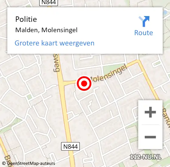 Locatie op kaart van de 112 melding: Politie Malden, Molensingel op 4 april 2024 17:12