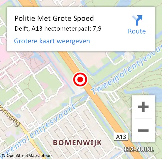 Locatie op kaart van de 112 melding: Politie Met Grote Spoed Naar Delft, A13 hectometerpaal: 7,9 op 4 april 2024 17:35