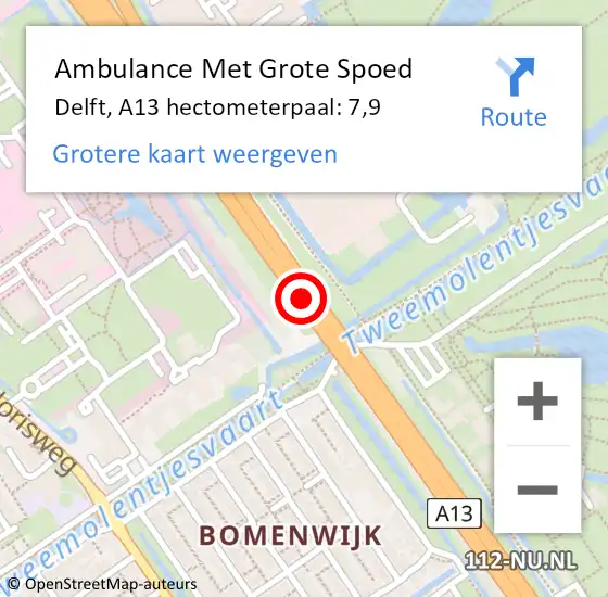 Locatie op kaart van de 112 melding: Ambulance Met Grote Spoed Naar Delft, A13 hectometerpaal: 7,9 op 4 april 2024 17:38