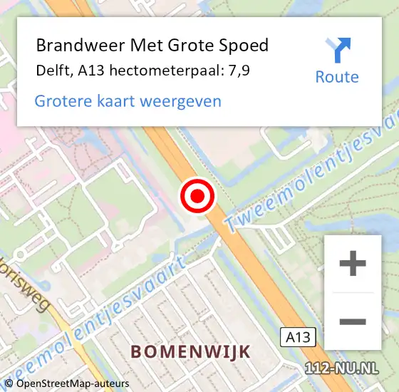 Locatie op kaart van de 112 melding: Brandweer Met Grote Spoed Naar Delft, A13 hectometerpaal: 7,9 op 4 april 2024 17:46