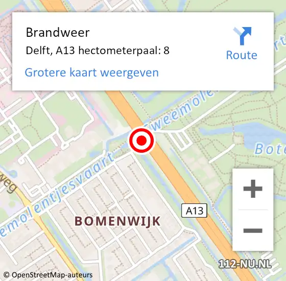 Locatie op kaart van de 112 melding: Brandweer Delft, A13 hectometerpaal: 8 op 4 april 2024 17:53
