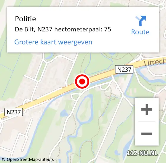 Locatie op kaart van de 112 melding: Politie De Bilt, N237 hectometerpaal: 75 op 4 april 2024 17:59