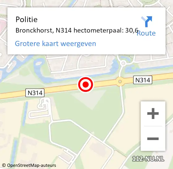 Locatie op kaart van de 112 melding: Politie Bronckhorst, N314 hectometerpaal: 30,6 op 4 april 2024 18:00