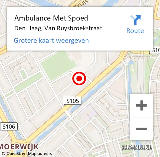 Locatie op kaart van de 112 melding: Ambulance Met Spoed Naar Den Haag, Van Ruysbroekstraat op 4 april 2024 18:29