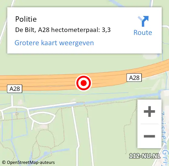 Locatie op kaart van de 112 melding: Politie De Bilt, A28 hectometerpaal: 3,3 op 4 april 2024 18:49