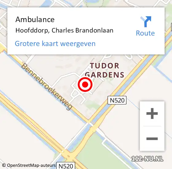 Locatie op kaart van de 112 melding: Ambulance Hoofddorp, Charles Brandonlaan op 4 april 2024 19:10