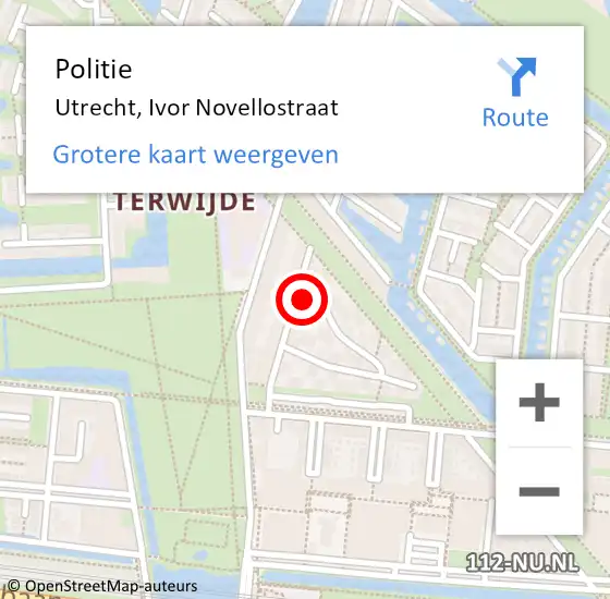 Locatie op kaart van de 112 melding: Politie Utrecht, Ivor Novellostraat op 4 april 2024 20:09