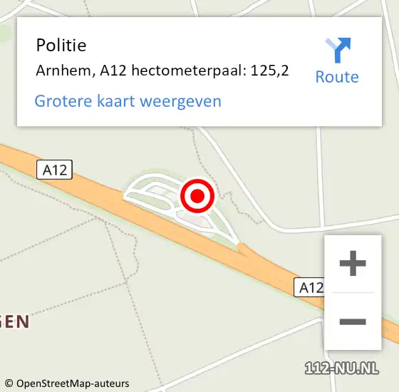 Locatie op kaart van de 112 melding: Politie Arnhem, A12 hectometerpaal: 125,2 op 5 april 2024 00:37