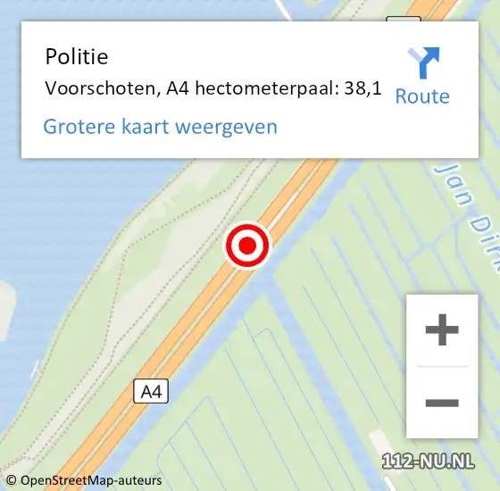 Locatie op kaart van de 112 melding: Politie Voorschoten, A4 hectometerpaal: 38,1 op 5 april 2024 06:42