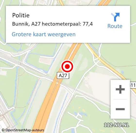 Locatie op kaart van de 112 melding: Politie Bunnik, A27 hectometerpaal: 77,4 op 5 april 2024 09:40