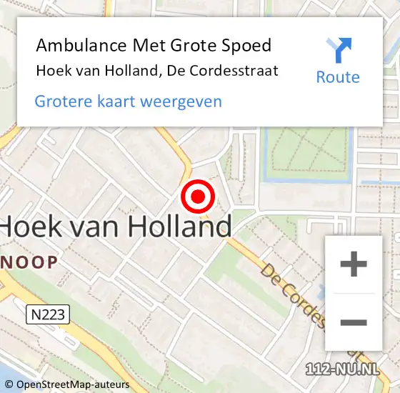 Locatie op kaart van de 112 melding: Ambulance Met Grote Spoed Naar Hoek van Holland, De Cordesstraat op 5 april 2024 11:12