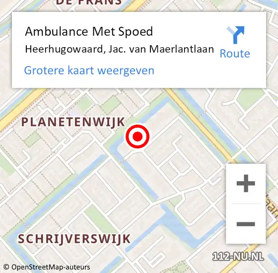 Locatie op kaart van de 112 melding: Ambulance Met Spoed Naar Heerhugowaard, Jac. van Maerlantlaan op 5 april 2024 11:55