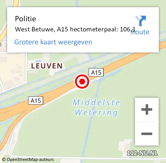 Locatie op kaart van de 112 melding: Politie West Betuwe, A15 hectometerpaal: 106,1 op 5 april 2024 12:00