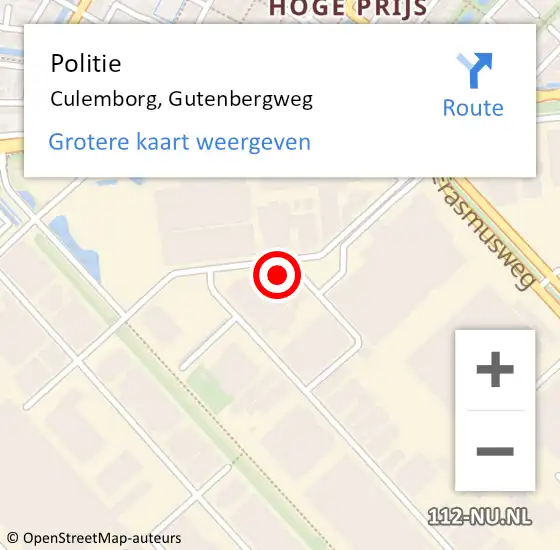 Locatie op kaart van de 112 melding: Politie Culemborg, Gutenbergweg op 5 april 2024 12:42