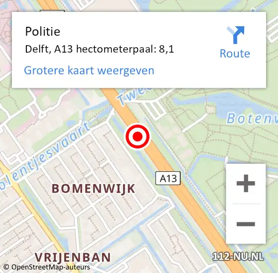 Locatie op kaart van de 112 melding: Politie Delft, A13 hectometerpaal: 8,1 op 5 april 2024 15:08