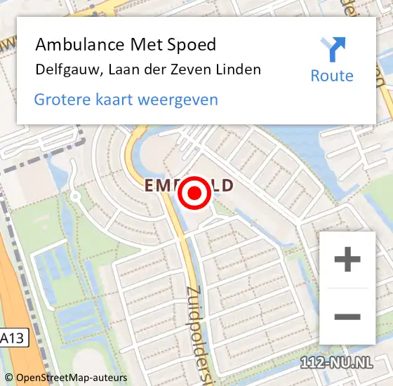 Locatie op kaart van de 112 melding: Ambulance Met Spoed Naar Delfgauw, Laan der Zeven Linden op 5 april 2024 16:31