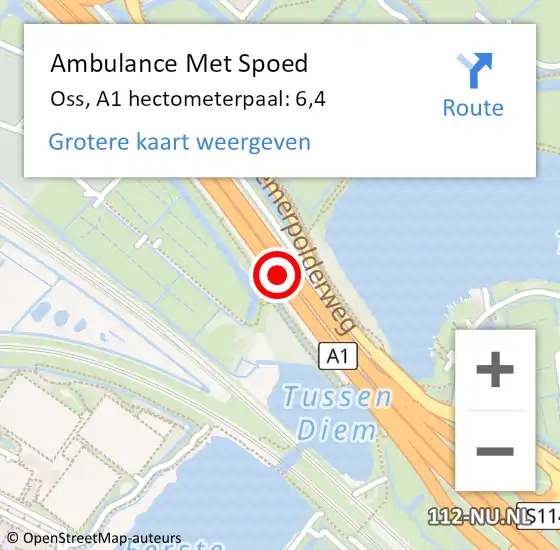 Locatie op kaart van de 112 melding: Ambulance Met Spoed Naar Oss, A1 hectometerpaal: 6,4 op 5 april 2024 17:03