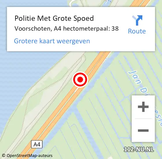 Locatie op kaart van de 112 melding: Politie Met Grote Spoed Naar Voorschoten, A4 hectometerpaal: 38 op 5 april 2024 17:55