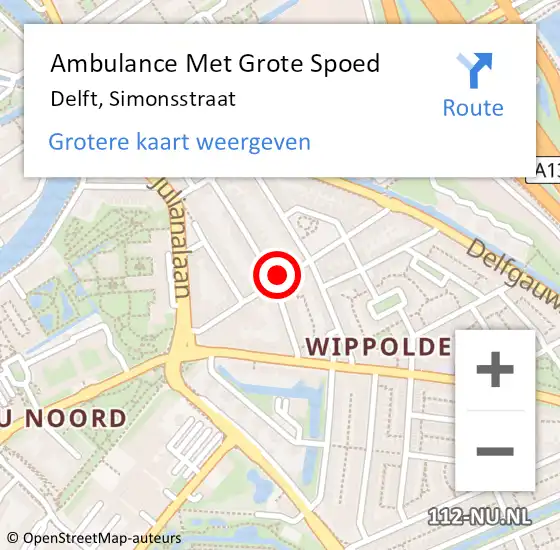 Locatie op kaart van de 112 melding: Ambulance Met Grote Spoed Naar Delft, Simonsstraat op 5 april 2024 17:59