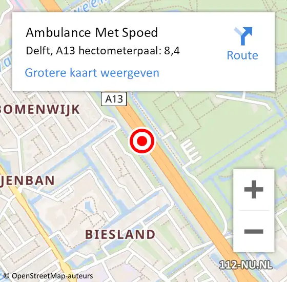 Locatie op kaart van de 112 melding: Ambulance Met Spoed Naar Delft, A13 hectometerpaal: 8,4 op 5 april 2024 19:21