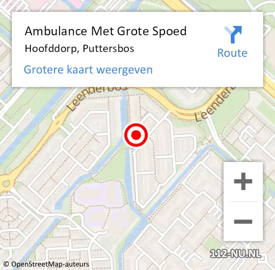 Locatie op kaart van de 112 melding: Ambulance Met Grote Spoed Naar Hoofddorp, Puttersbos op 6 april 2024 01:50