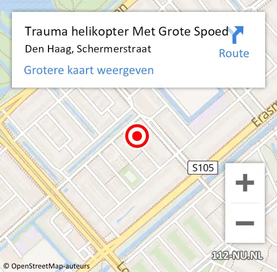 Locatie op kaart van de 112 melding: Trauma helikopter Met Grote Spoed Naar Den Haag, Schermerstraat op 6 april 2024 03:53