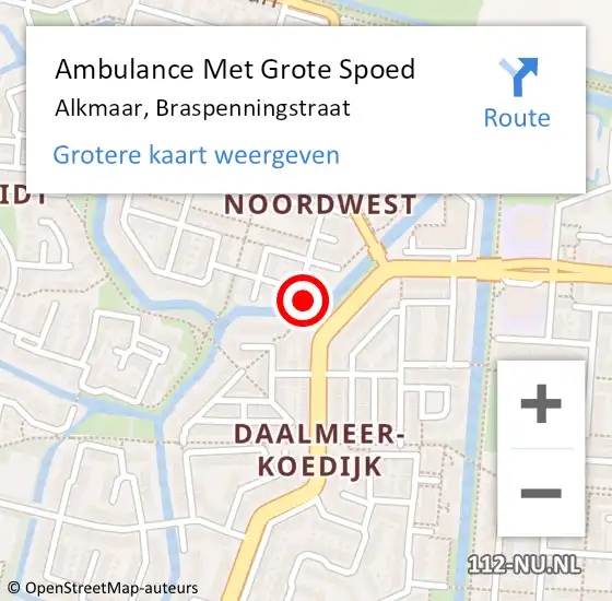 Locatie op kaart van de 112 melding: Ambulance Met Grote Spoed Naar Alkmaar, Braspenningstraat op 6 april 2024 07:01