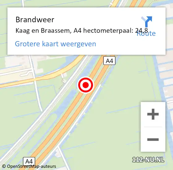 Locatie op kaart van de 112 melding: Brandweer Kaag en Braassem, A4 hectometerpaal: 24,8 op 6 april 2024 07:28