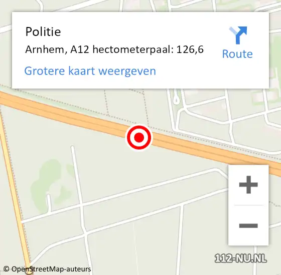 Locatie op kaart van de 112 melding: Politie Arnhem, A12 hectometerpaal: 126,6 op 6 april 2024 09:25