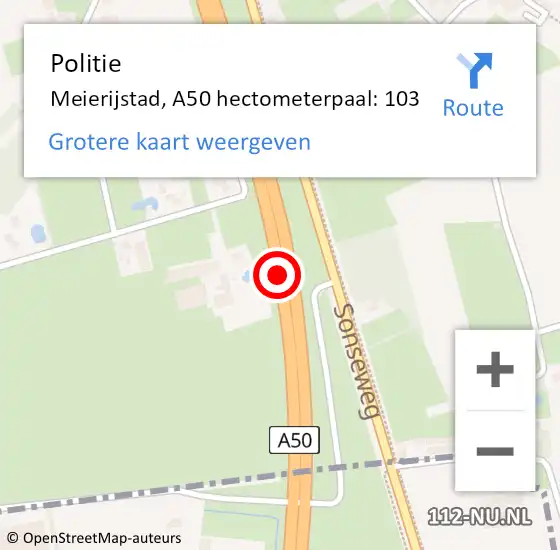 Locatie op kaart van de 112 melding: Politie Meierijstad, A50 hectometerpaal: 103 op 6 april 2024 10:24