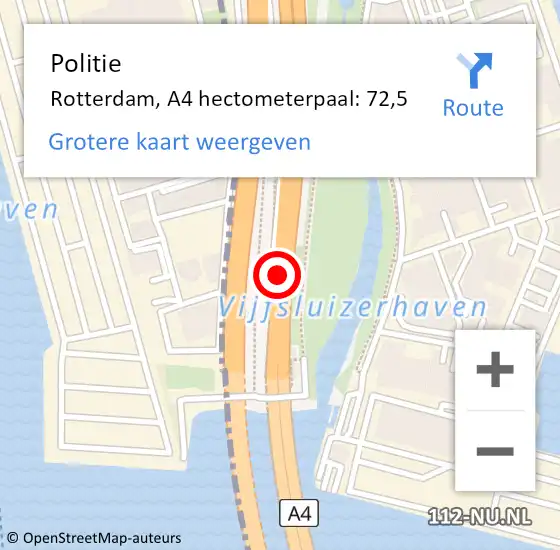 Locatie op kaart van de 112 melding: Politie Rotterdam, A4 hectometerpaal: 72,5 op 6 april 2024 12:53