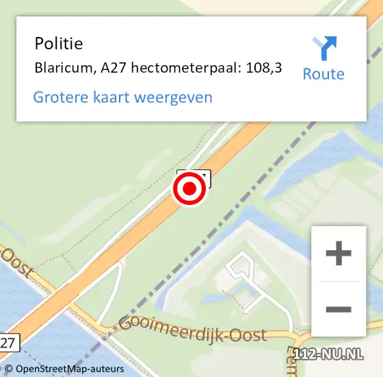 Locatie op kaart van de 112 melding: Politie Blaricum, A27 hectometerpaal: 108,3 op 6 april 2024 13:02