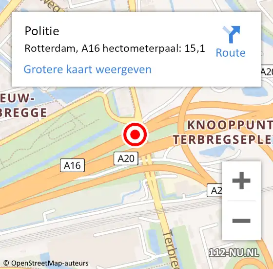 Locatie op kaart van de 112 melding: Politie Rotterdam, A16 hectometerpaal: 15,1 op 6 april 2024 13:46