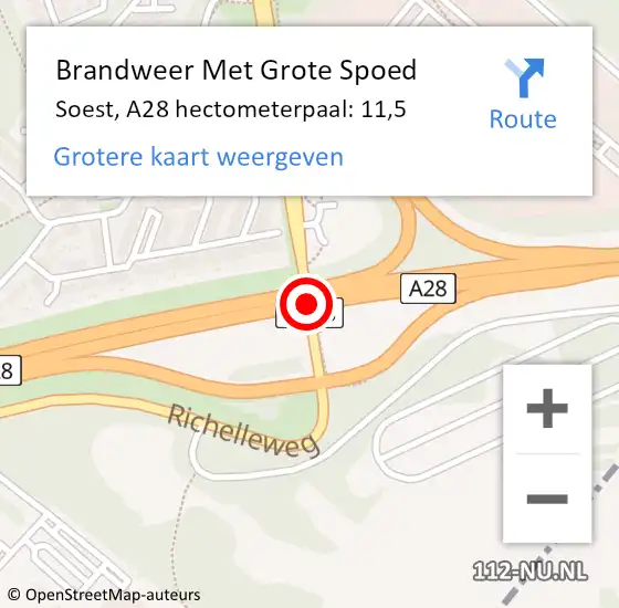 Locatie op kaart van de 112 melding: Brandweer Met Grote Spoed Naar Soest, A28 hectometerpaal: 11,5 op 6 april 2024 13:52