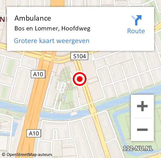 Locatie op kaart van de 112 melding: Ambulance Bos en Lommer, Hoofdweg op 1 oktober 2014 15:15