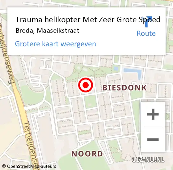 Locatie op kaart van de 112 melding: Trauma helikopter Met Zeer Grote Spoed Naar Breda, Maaseikstraat op 6 april 2024 15:00