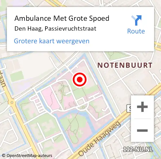 Locatie op kaart van de 112 melding: Ambulance Met Grote Spoed Naar Den Haag, Passievruchtstraat op 6 april 2024 15:18