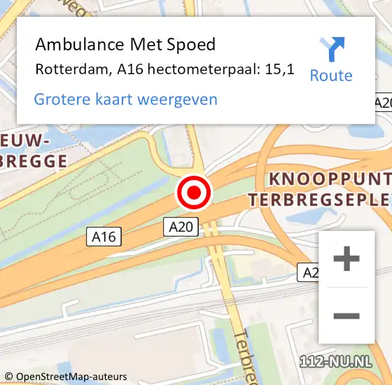 Locatie op kaart van de 112 melding: Ambulance Met Spoed Naar Rotterdam, A16 hectometerpaal: 15,1 op 6 april 2024 15:19