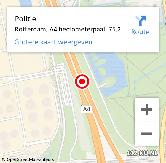 Locatie op kaart van de 112 melding: Politie Rotterdam, A4 hectometerpaal: 75,2 op 6 april 2024 16:01
