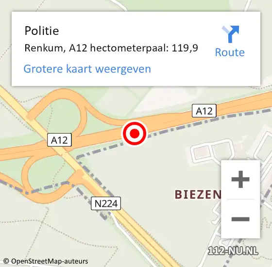 Locatie op kaart van de 112 melding: Politie Renkum, A12 hectometerpaal: 119,9 op 6 april 2024 16:02