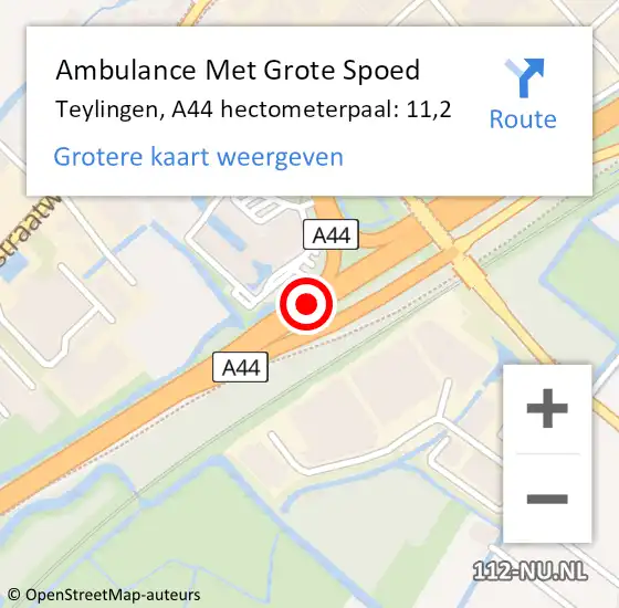 Locatie op kaart van de 112 melding: Ambulance Met Grote Spoed Naar Teylingen, A44 hectometerpaal: 11,2 op 6 april 2024 16:06