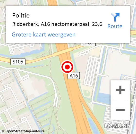 Locatie op kaart van de 112 melding: Politie Ridderkerk, A16 hectometerpaal: 23,6 op 6 april 2024 17:44