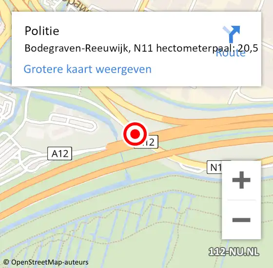 Locatie op kaart van de 112 melding: Politie Bodegraven-Reeuwijk, N11 hectometerpaal: 20,5 op 6 april 2024 18:31