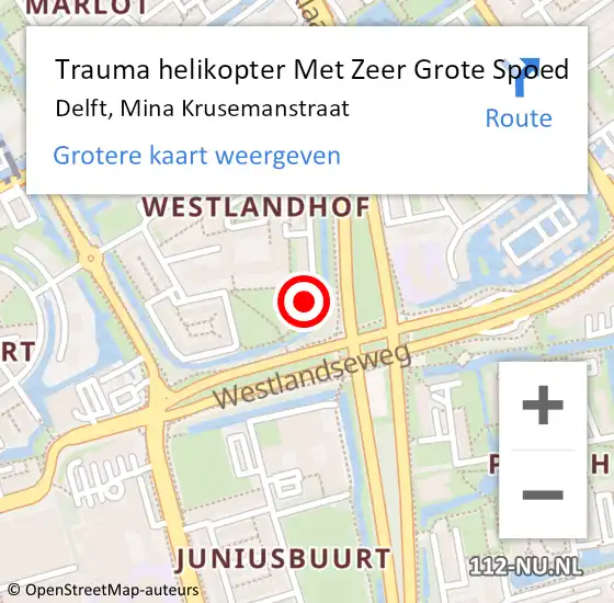 Locatie op kaart van de 112 melding: Trauma helikopter Met Zeer Grote Spoed Naar Delft, Mina Krusemanstraat op 6 april 2024 18:53