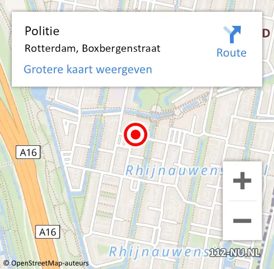 Locatie op kaart van de 112 melding: Politie Rotterdam, Boxbergenstraat op 6 april 2024 18:58
