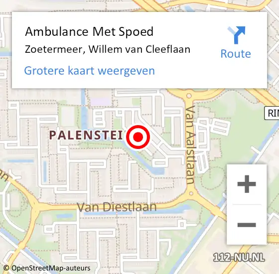 Locatie op kaart van de 112 melding: Ambulance Met Spoed Naar Zoetermeer, Willem van Cleeflaan op 6 april 2024 22:09
