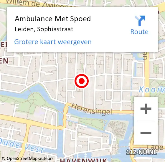 Locatie op kaart van de 112 melding: Ambulance Met Spoed Naar Leiden, Sophiastraat op 6 april 2024 22:33