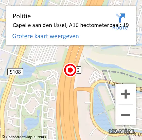 Locatie op kaart van de 112 melding: Politie Capelle aan den IJssel, A16 hectometerpaal: 19 op 7 april 2024 05:23